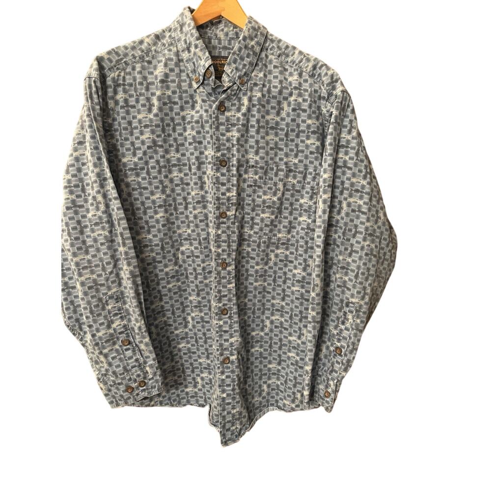 Men’s 2XL Woolrich All Over Fish Print Shirt Size Blue Button Down Long‎ Sleeve